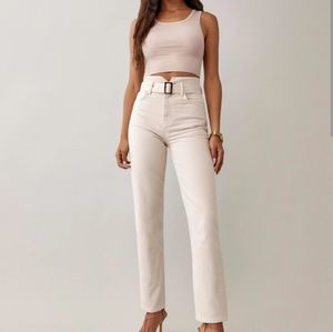 REFORMATION Cynthia Belted High Rise Straight Leg Jeans In Bone